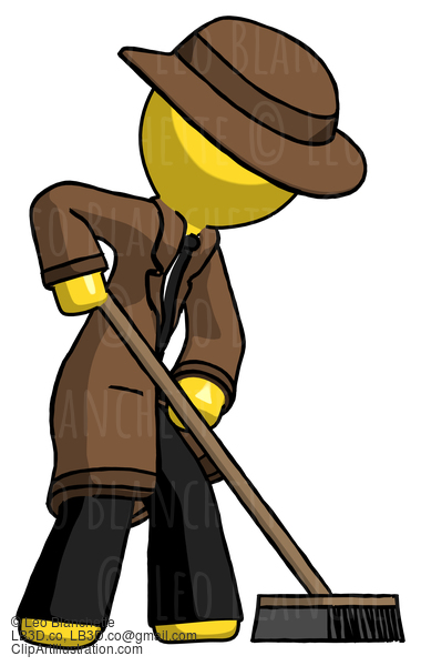 Yellow Detective Man Cleaning Services Janitor Sweeping Side View #3122