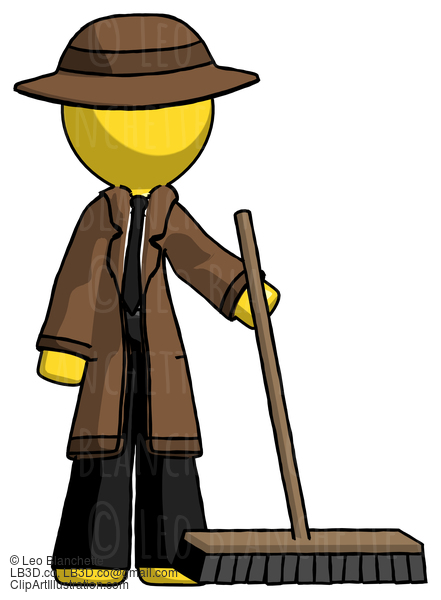 Yellow Detective Man Standing With Industrial Broom #3129