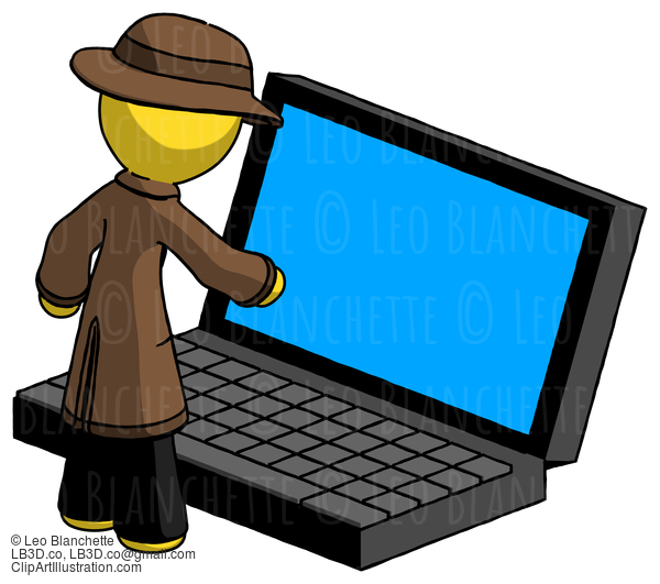 Yellow Detective Man Using Large Laptop Computer #3137