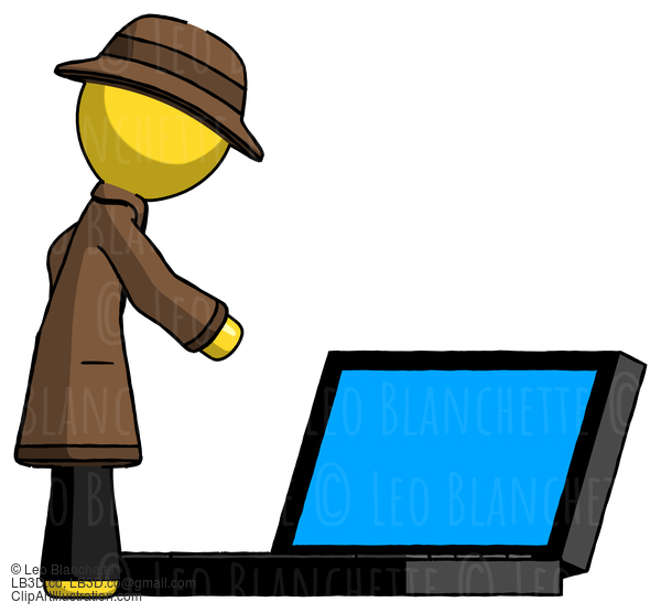 Yellow Detective Man Using Large Laptop Computer Side Orthographic View #3140