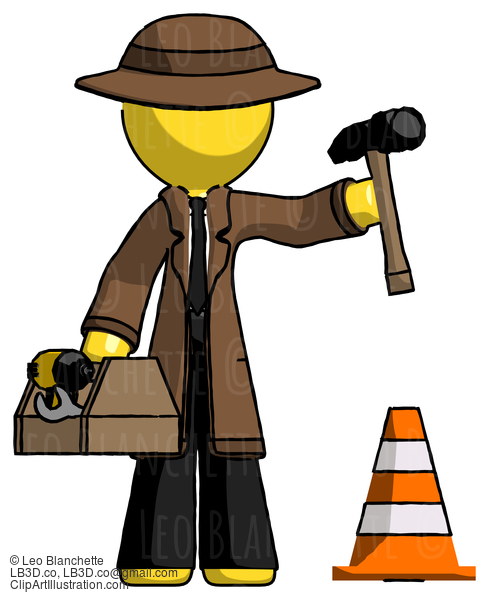 Yellow Detective Man Under Construction Concept, Traffic Cone And Tools #3144