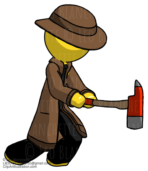 Yellow Detective Man With Ax Hitting, Striking, Or Chopping #3149