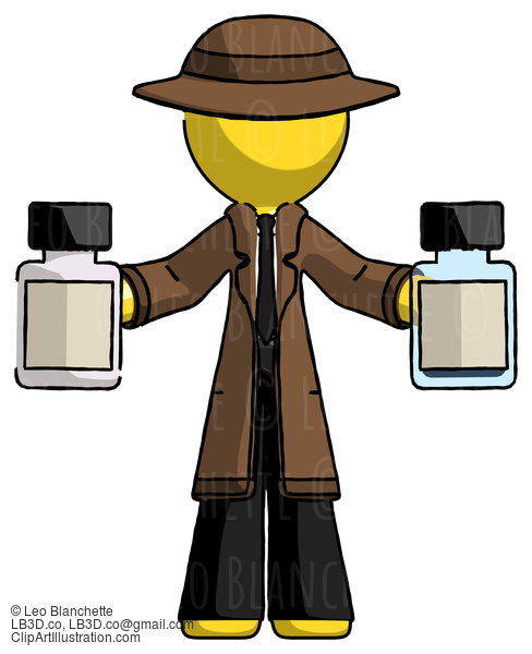 Yellow Detective Man Holding Two Medicine Bottles #3169