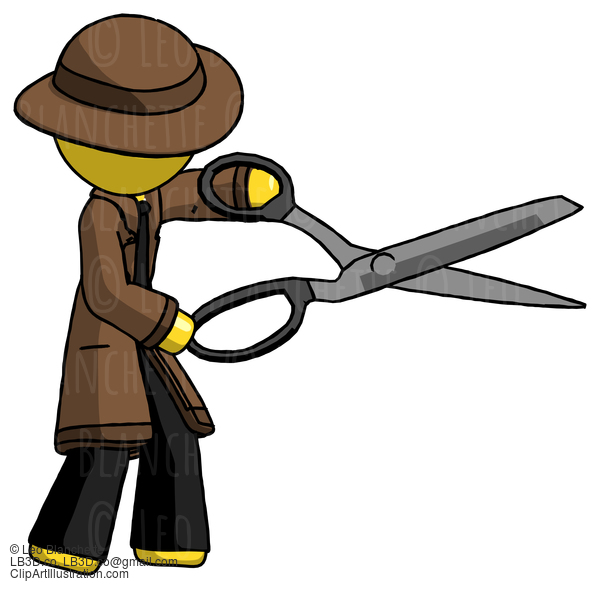 Yellow Detective Man Holding Giant Scissors Cutting Out Something #3172