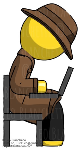 Yellow Detective Man Using Laptop Computer While Sitting In Chair View From Side #3173