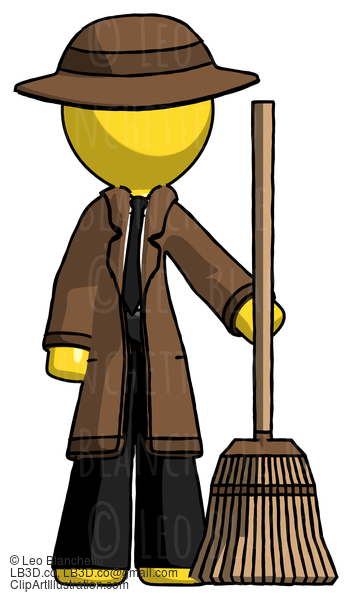 Yellow Detective Man Standing With Broom Cleaning Services #3177