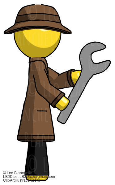 Yellow Detective Man Using Wrench Adjusting Something To Right #3181