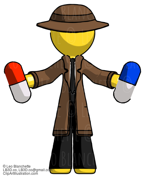 Yellow Detective Man Holding A Red Pill And Blue Pill #3188