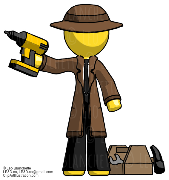 Yellow Detective Man Holding Drill Ready To Work, Toolchest And Tools To Right #3194