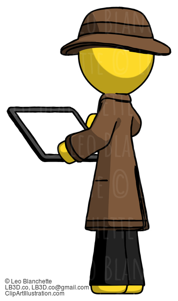 Yellow Detective Man Looking At Tablet Device Computer With Back To Viewer #3196