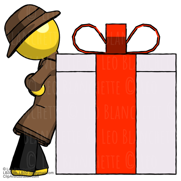 Yellow Detective Man Gift Concept - Leaning Against Large Present #3201