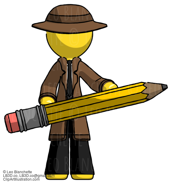 Yellow Detective Man Writer Or Blogger Holding Large Pencil #3205