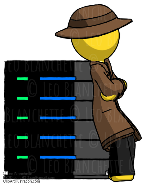 Yellow Detective Man Resting Against Server Rack Viewed At Angle #3206