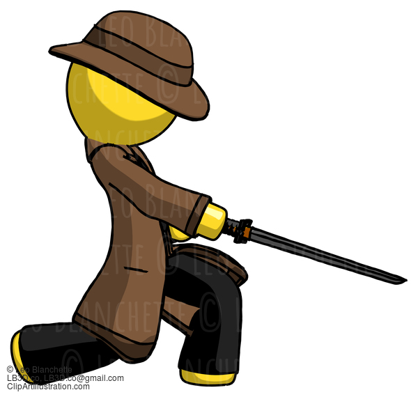 Yellow Detective Man With Ninja Sword Katana Slicing Or Striking Something #3220