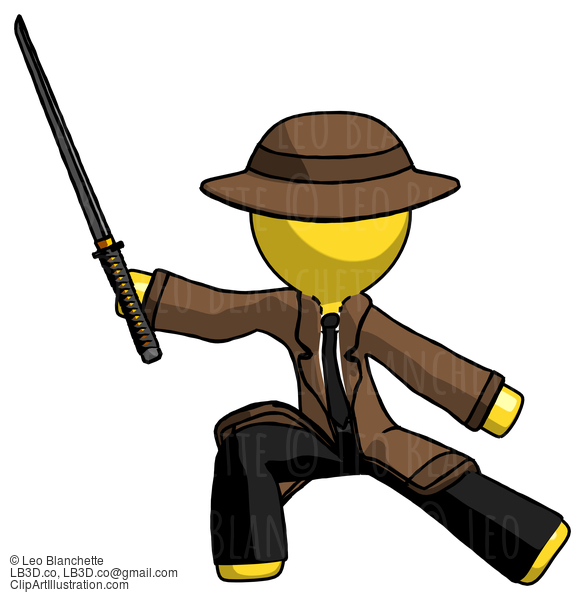 Yellow Detective Man With Ninja Sword Katana In Defense Pose #3226