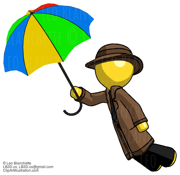 Yellow Detective Man Flying With Rainbow Colored Umbrella #3236