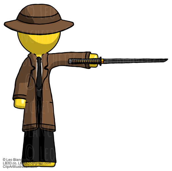 Yellow Detective Man Standing With Ninja Sword Katana Pointing Right #3238