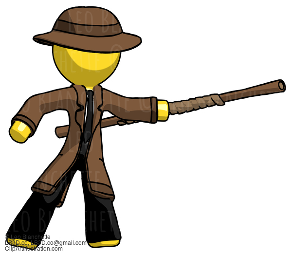 Yellow Detective Man Bo Staff Pointing Right Kung Fu Pose #3246