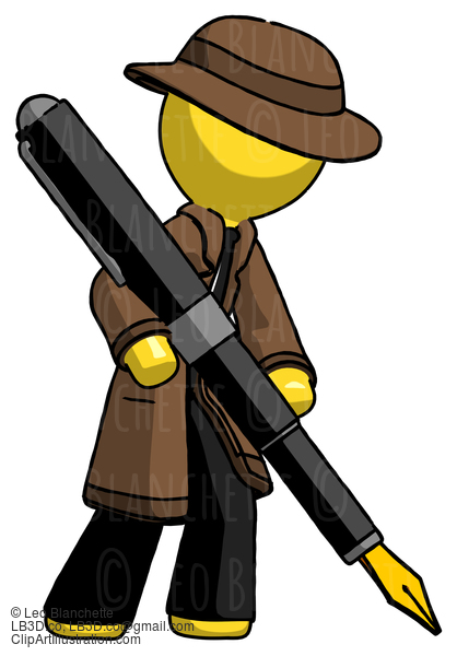 Yellow Detective Man Drawing Or Writing With Large Calligraphy Pen #3275