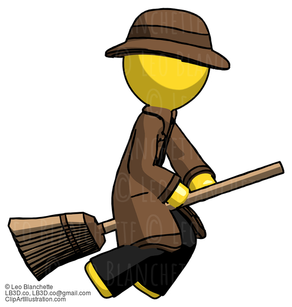 Yellow Detective Man Flying On Broom #3276