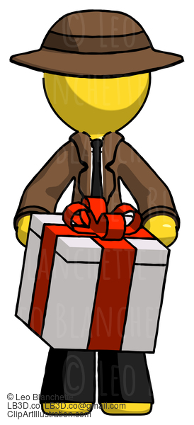 Yellow Detective Man Gifting Present With Large Bow Front View #3278