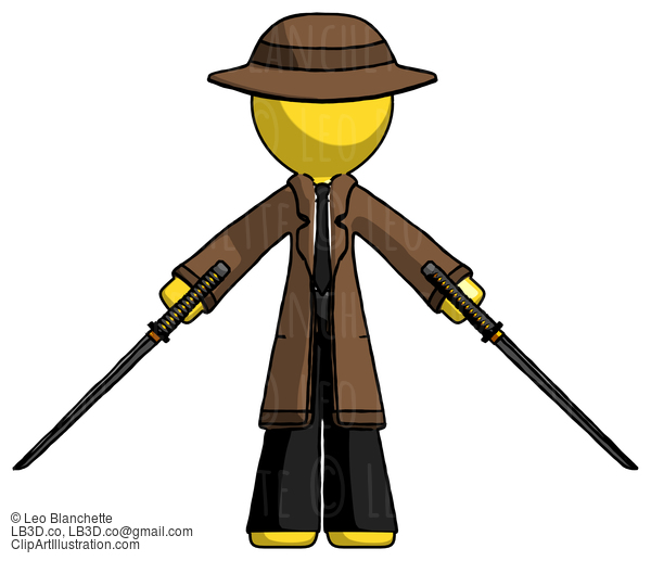 Yellow Detective Man Posing With Two Ninja Sword Katanas #3279