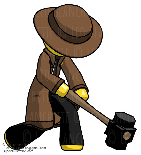 Yellow Detective Man Hitting With Sledgehammer, Or Smashing Something At Angle #3284