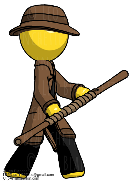 Yellow Detective Man Holding Bo Staff In Sideways Defense Pose #3285