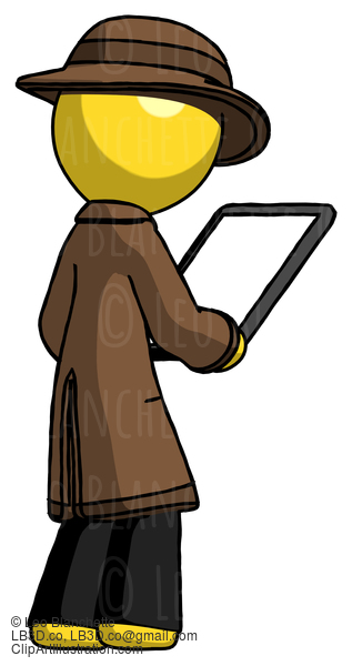 Yellow Detective Man Looking At Tablet Device Computer Facing Away #3291