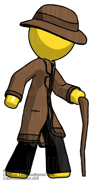 Yellow Detective Man Walking With Hiking Stick #3296