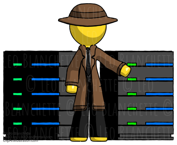 Yellow Detective Man With Server Racks, In Front Of Two Networked Systems #3299