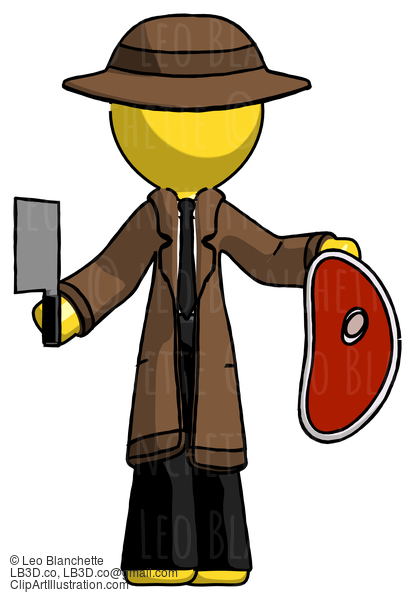 Yellow Detective Man Holding Large Steak With Butcher Knife #3301