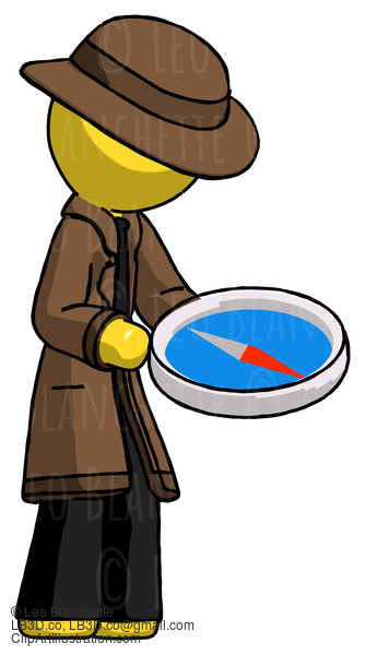 Yellow Detective Man Looking At Large Compass Facing Right #3304