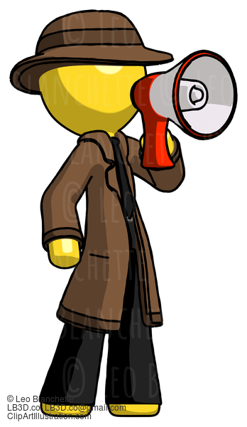 Yellow Detective Man Shouting Into Megaphone Bullhorn Facing Right #3308