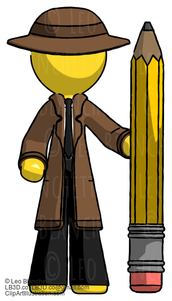 Yellow Detective Man With Large Pencil Standing Ready To Write #3309