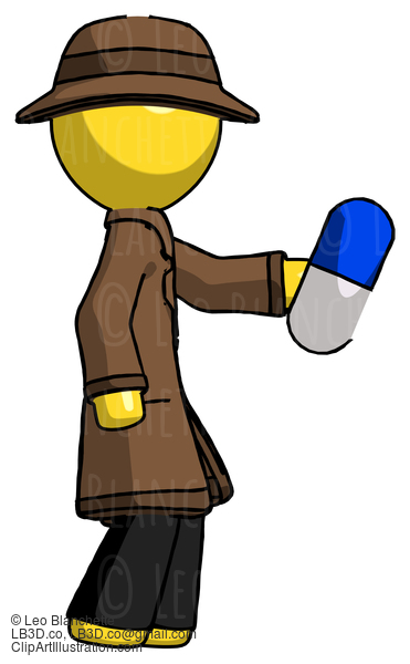 Yellow Detective Man Holding Blue Pill Walking To Right #3321