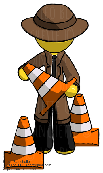 Yellow Detective Man Holding A Traffic Cone #3325