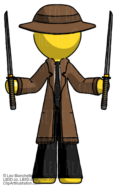 Yellow Detective Man Posing With Two Ninja Sword Katanas Up #3326