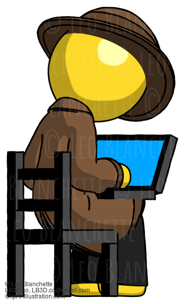 Yellow Detective Man Using Laptop Computer While Sitting In Chair View From Back #3333