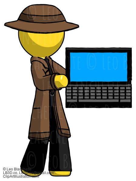 Yellow Detective Man Holding Laptop Computer Presenting Something On Screen #3349