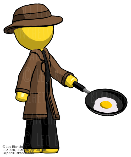 Yellow Detective Man Frying Egg In Pan Or Wok Facing Right #3352