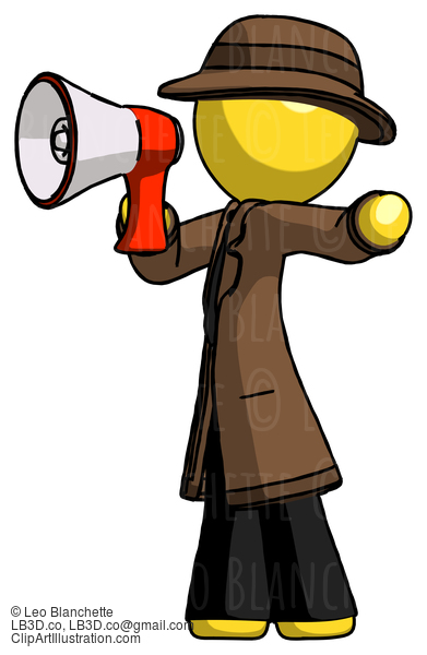 Yellow Detective Man Shouting Into Megaphone Bullhorn Facing Left #3355