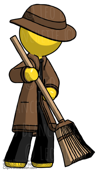 Yellow Detective Man Sweeping Area With Broom #3363