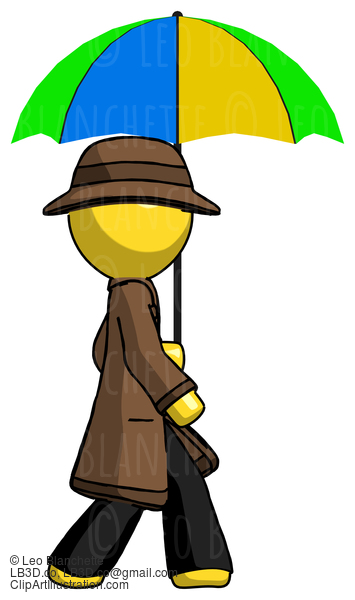 Yellow Detective Man Walking With Colored Umbrella #3374