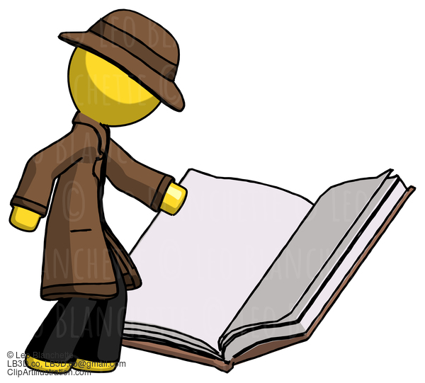 Yellow Detective Man Reading Big Book While Standing Beside It #3376