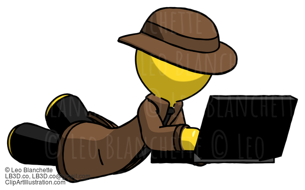 Yellow Detective Man Using Laptop Computer While Lying On Floor Side Angled View #3378