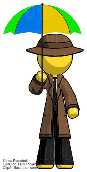 Yellow Detective Man Holding Umbrella Rainbow Colored #3382