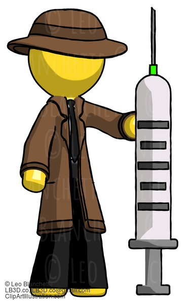 Yellow Detective Man Holding Large Syringe #3386