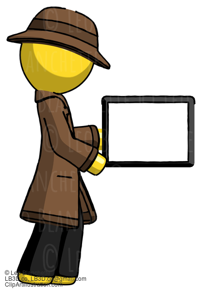 Yellow Detective Man Show Tablet Device Computer To Viewer, Blank Area #3389