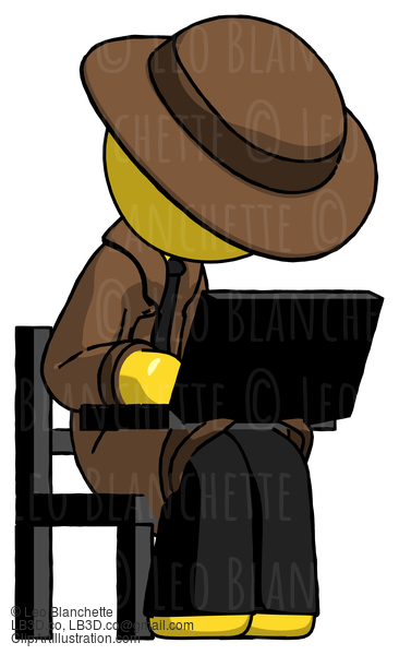 Yellow Detective Man Using Laptop Computer While Sitting In Chair Angled Right #3400